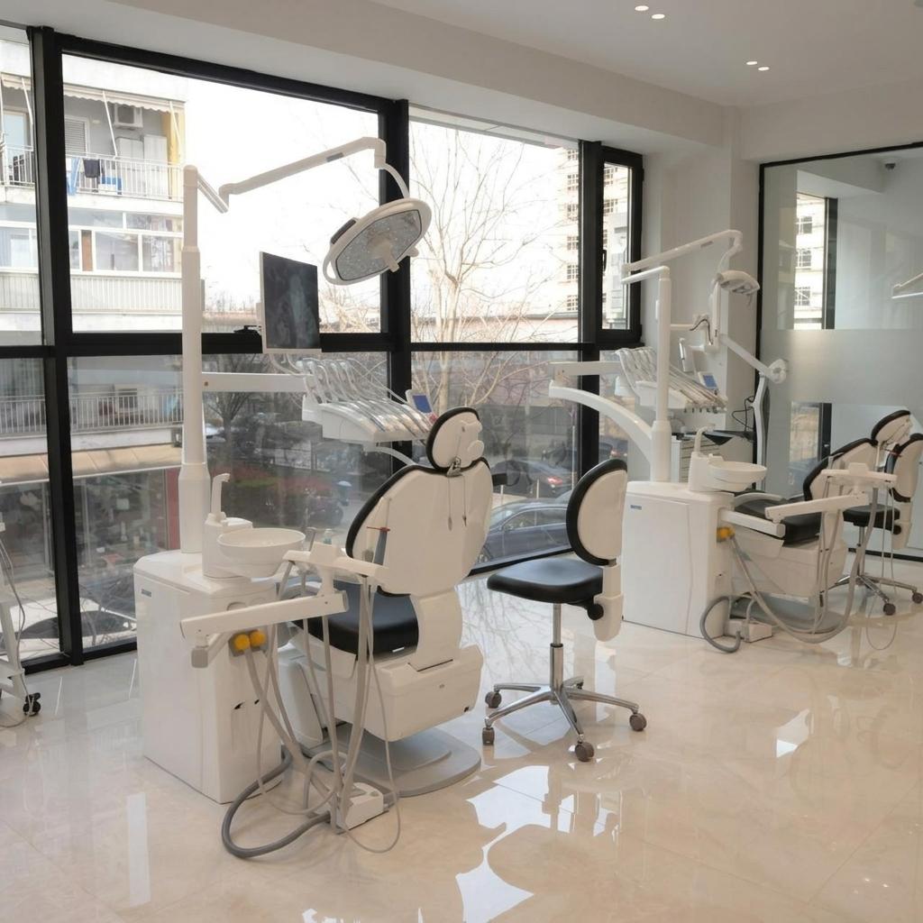 Modern dental treatment room with two chairs and large windows