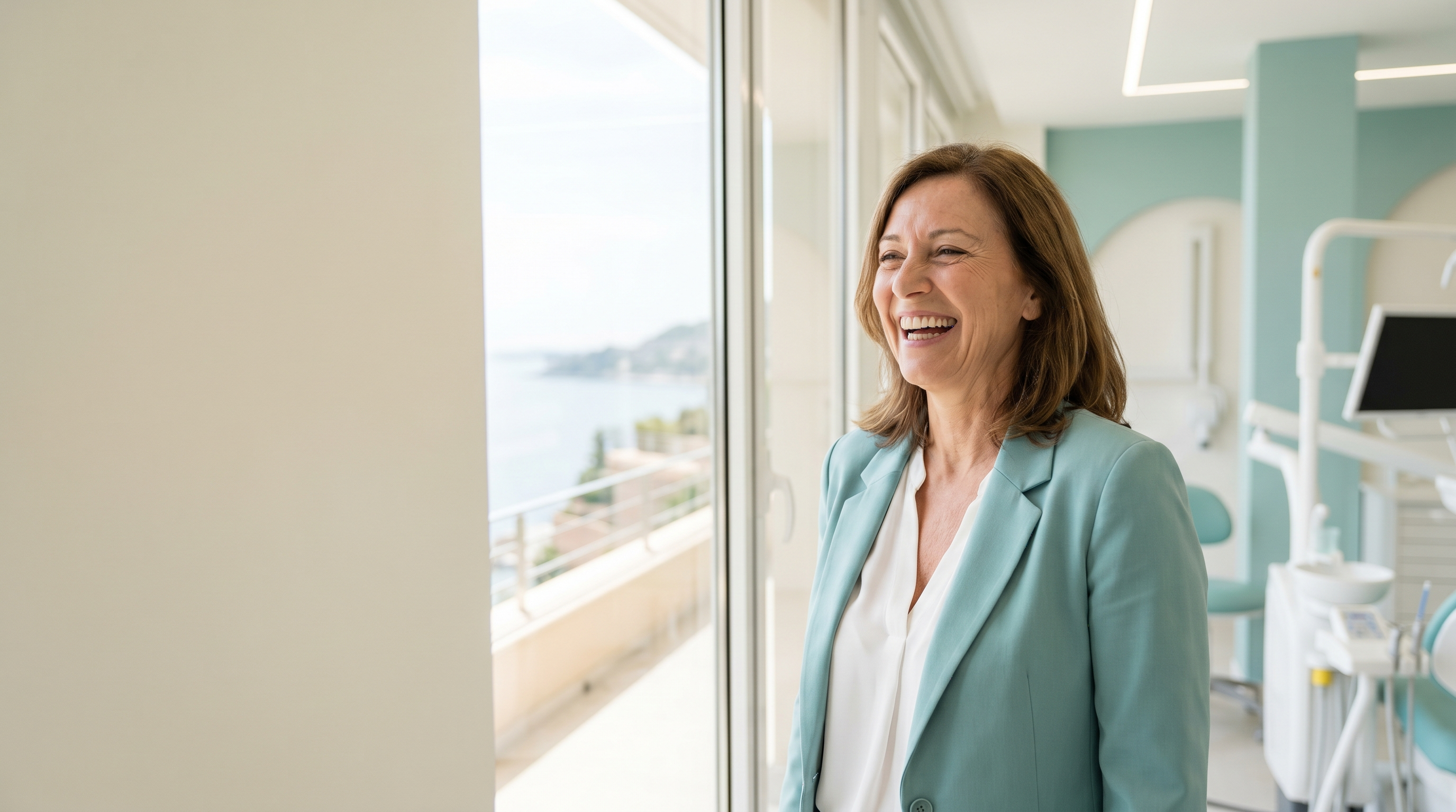 A confident woman in her fifties in a bright modern dental clinic overlooking the Mediterranean
