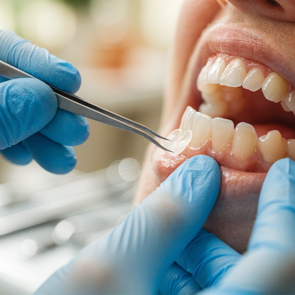 Dentist placing a ceramic veneer onto a prepared tooth during treatment